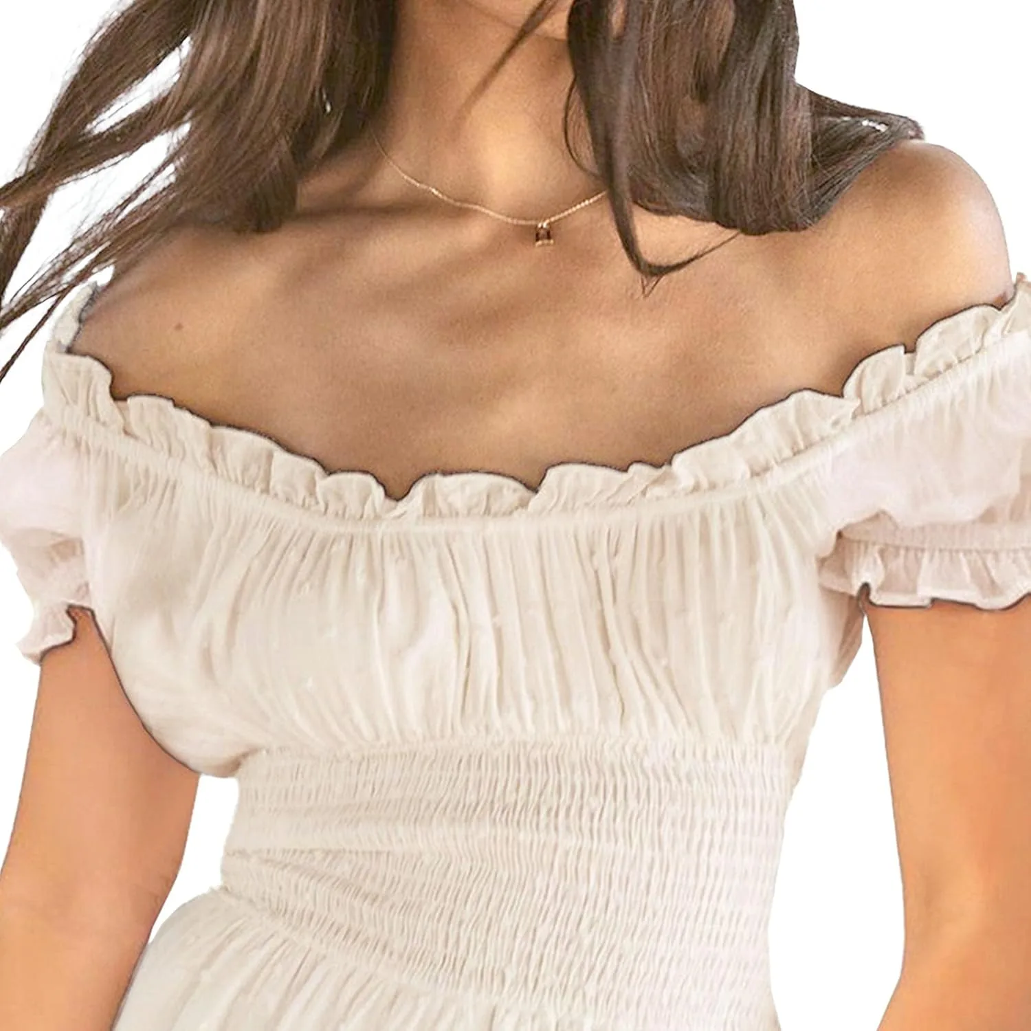 Женское летнее мини-платье с рюшами на рукавах, вырезом sweetheart и принтом Generic, Apricot — фото 3