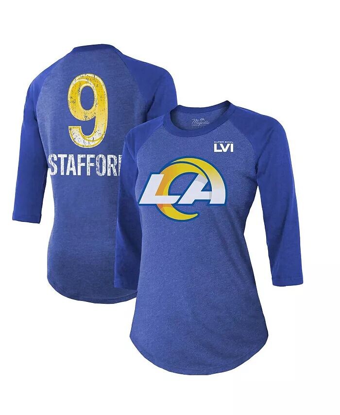 

Женские нитки Matthew Stafford Royal Los Angeles Rams Super Bowl LVI Имя Номер Футболка реглан с рукавами 3/4 Majestic