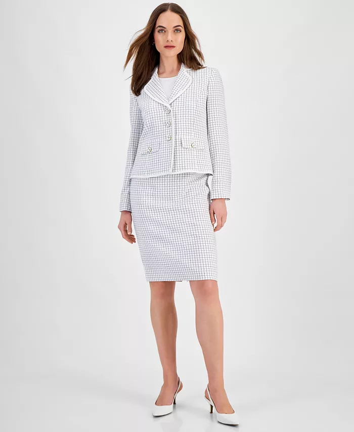 

Женский костюм с юбкой в клетку и контрастной отделкой, размеры Regular и Petite Le Suit, белый