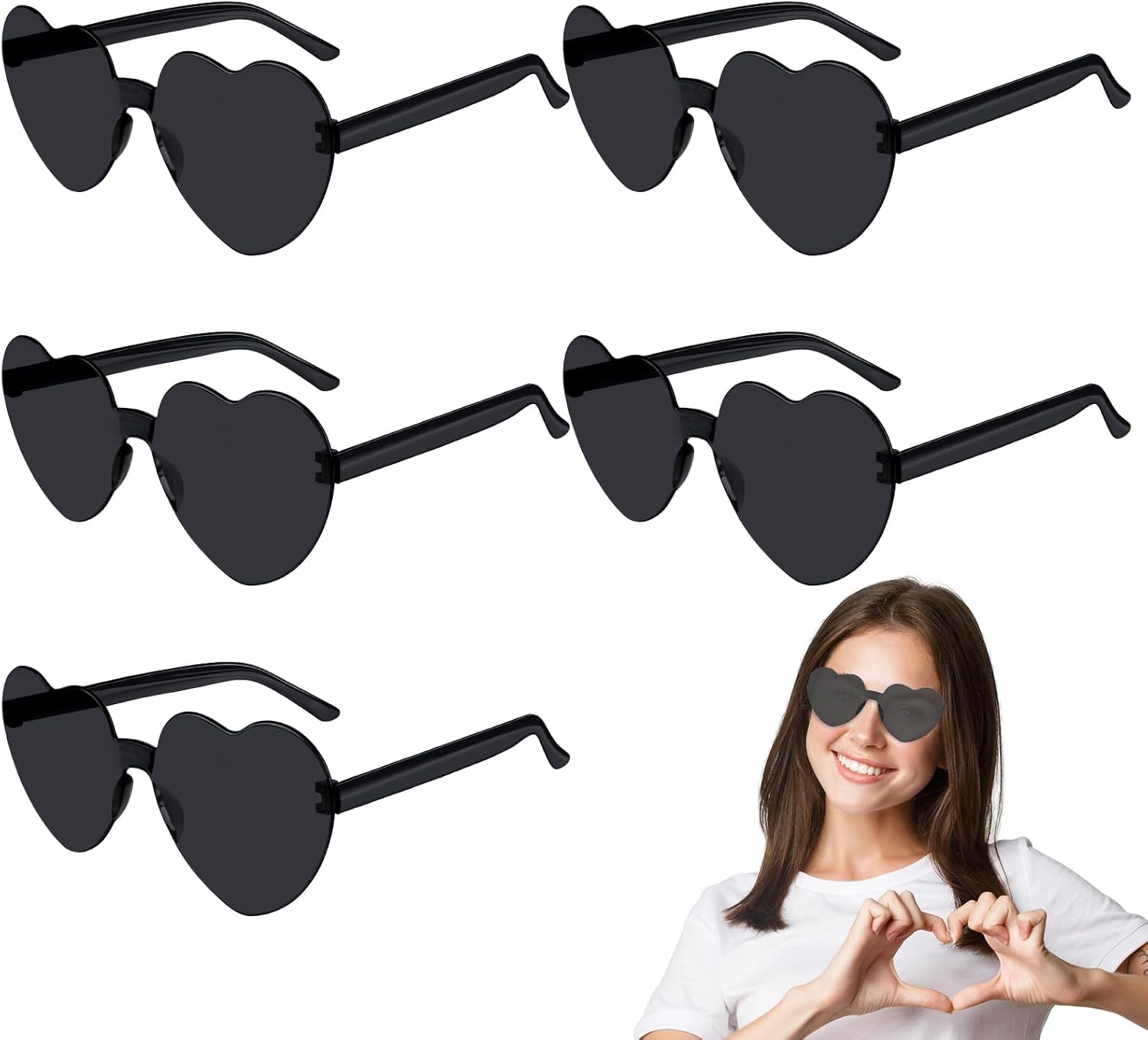 

Солнцезащитные очки PLULON в форме сердца для женщин, 5/12/25 шт., очки в форме сердца, без оправы, конфетные цвета, забавные очки для вечеринки ко Дню святого Валентина, Black