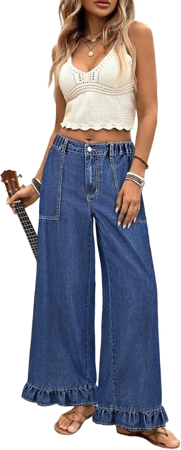 

Женские джинсы Wide Leg Plus Size Denim с рюшами Dasimutko