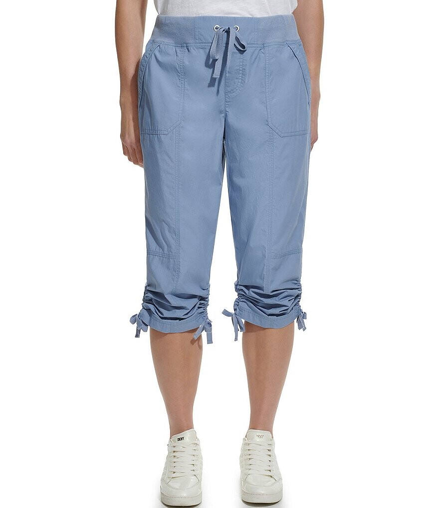 

DKNY Sport Капри из персикового поплина в рубчик на талии с застежкой на талии, брюки-карго без застежки, синий