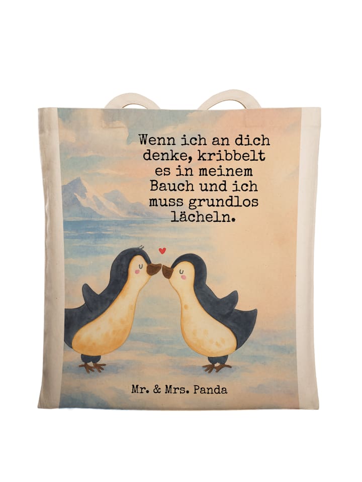 

Mr. & Mrs. Panda Сумка-шоппер с рисунком «Поцелуй пингвина» и надписью, белого цвета