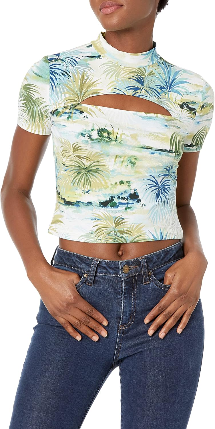 

GUESS Женский топ с коротким рукавом Gwen Cut Out, Tropical Toile Print Green