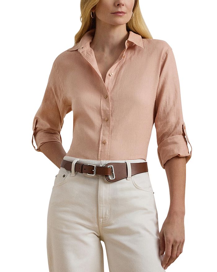 

Льняная рубашка с длинным рукавом, воротником и пуговицами, Regular & Petite Ralph Lauren, розовый