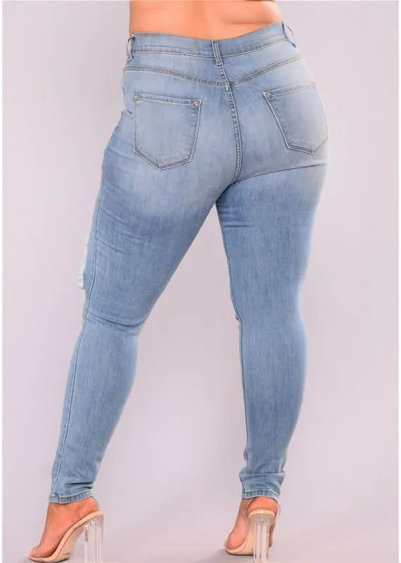 Женские джинсы Andongnywell Plus Size с потертостями и разрывами, завышенная талия, облегающие — фото 4
