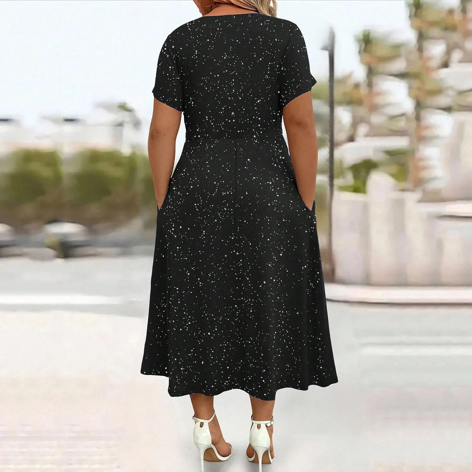 Платье для вечеринки или свадьбы Plus Size с коротким рукавом, блестками, V-образным вырезом и карманами Generic, черный — фото 3