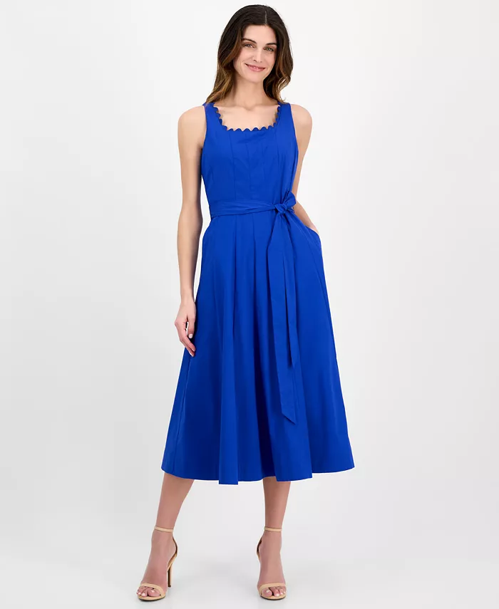 

Мини-платье с квадратным вырезом и швами, расклешенное, миди Anne Klein, синий