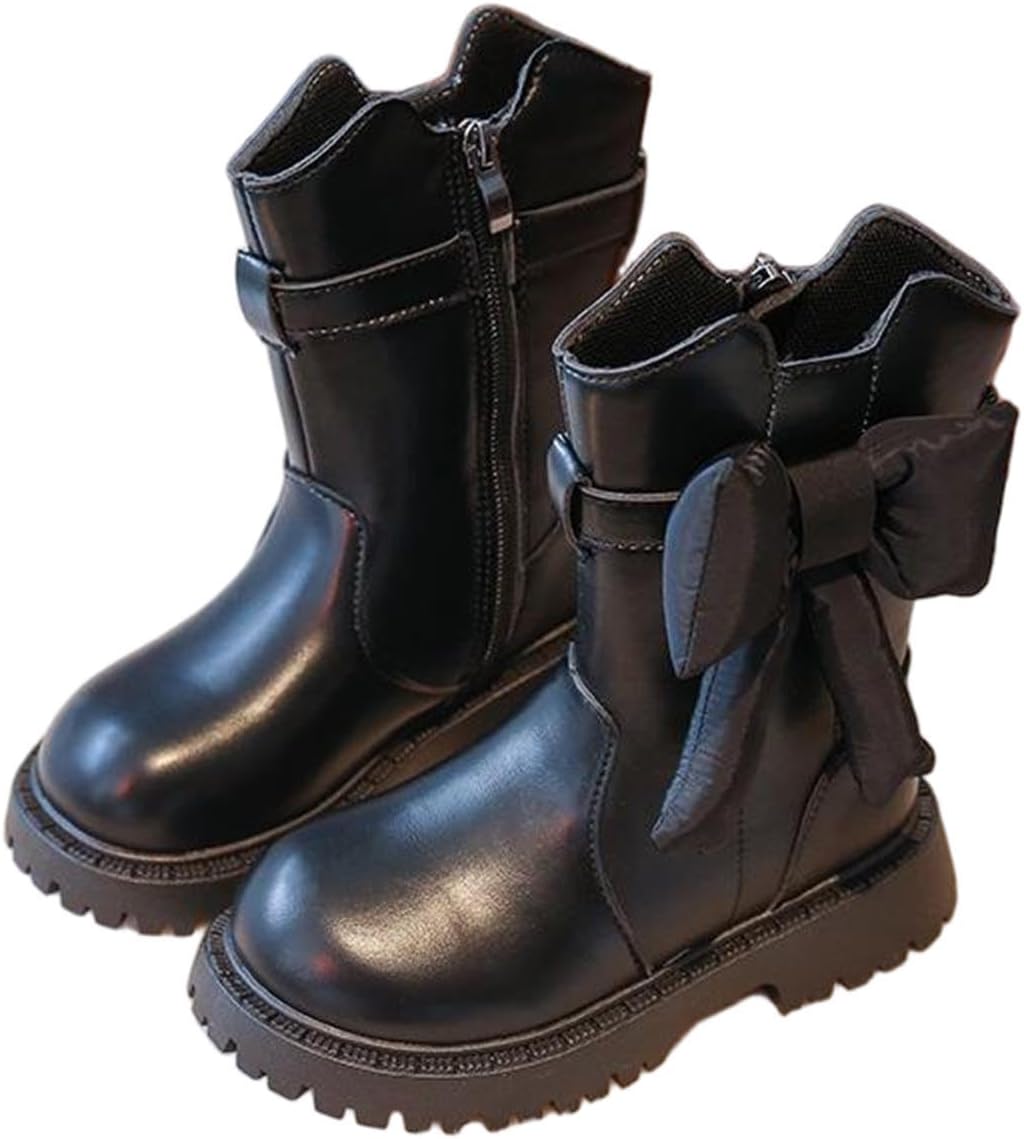 

Девочковые сапоги средней длины с бантом, боковой молнией, подошвой с протектором, круглым носком, осенне-зимняя мода, ботильоны из искусственной кожи Generic, Black