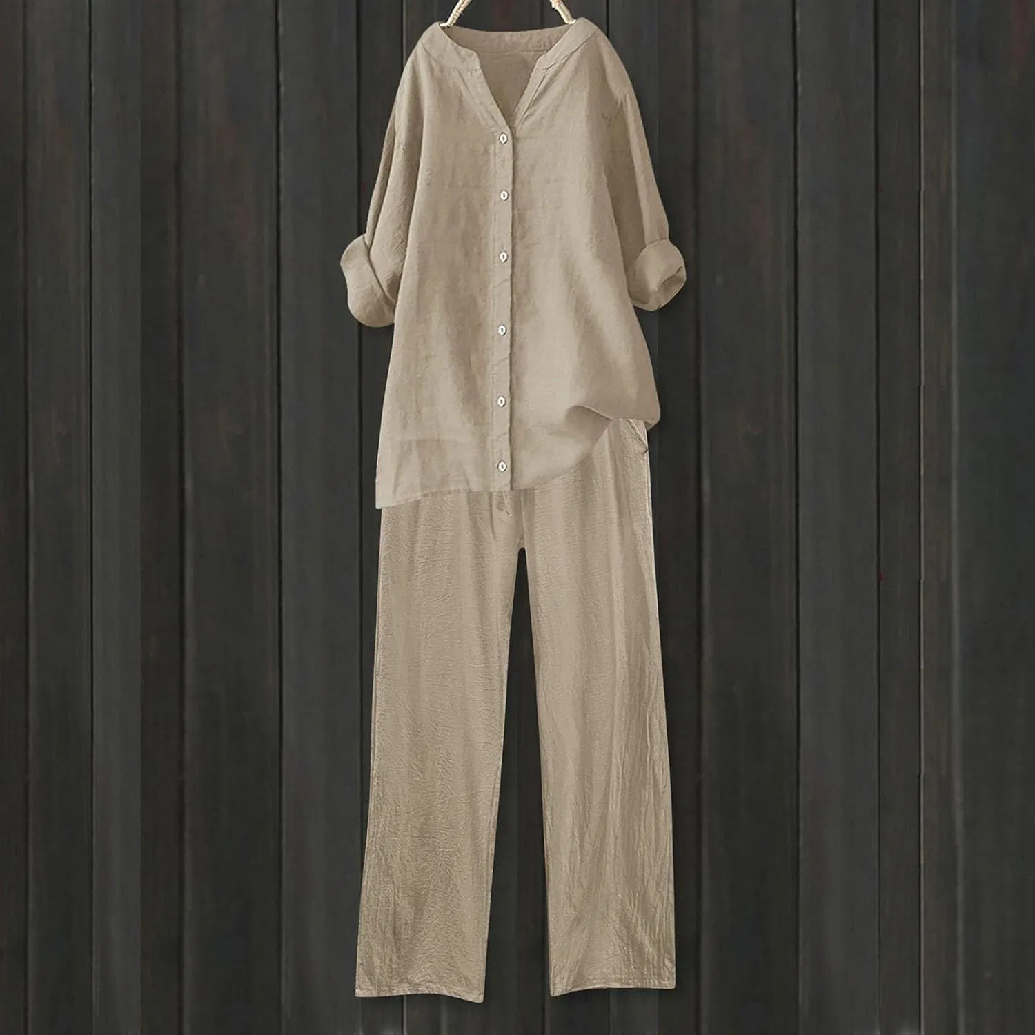 Женский костюм из льноподобной ткани, бренд Generic, цвет Khaki — фото 2