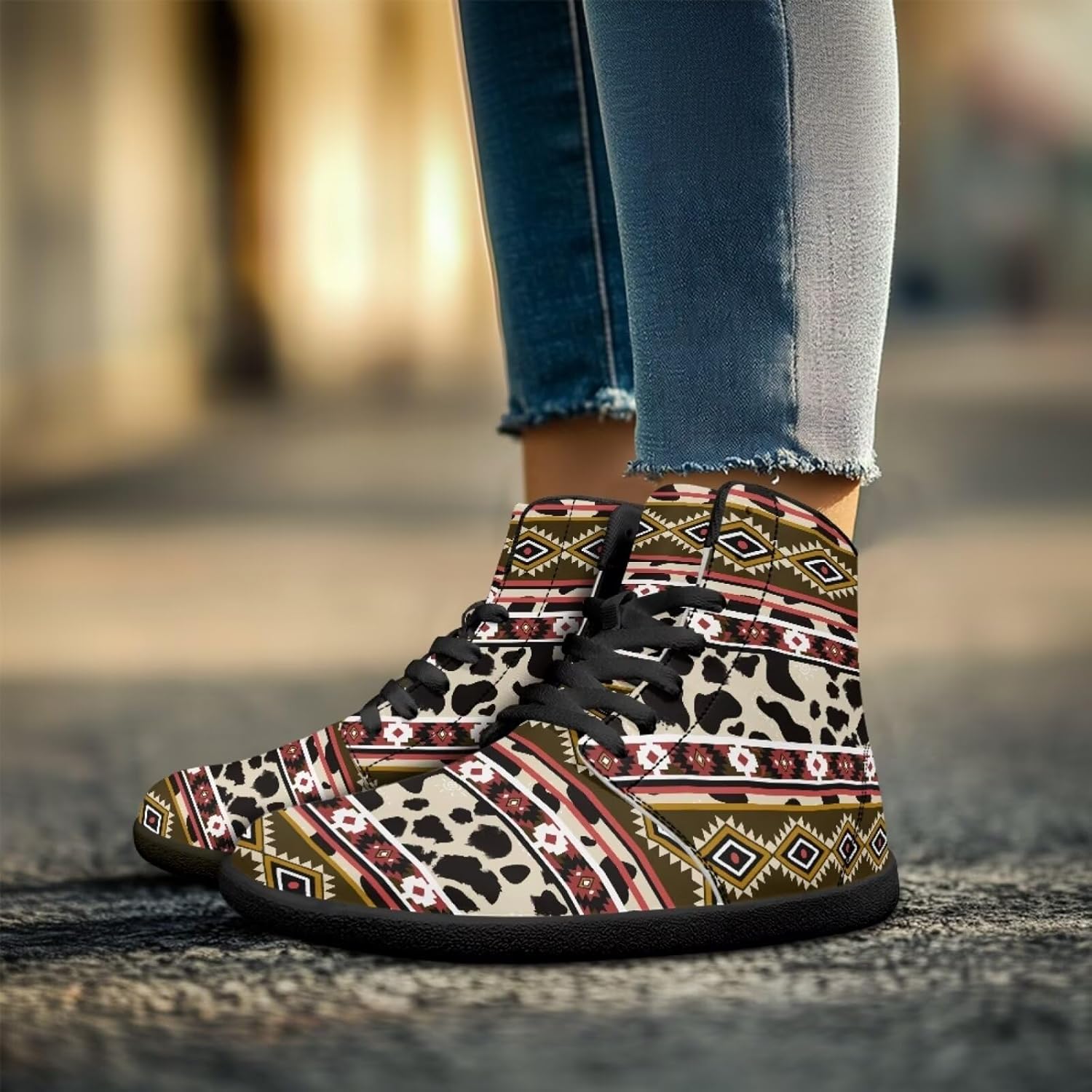 Кроссовки Binienty High Top Barefoot для женщин и мужчин, модные с нулевым перепадом, водонепроницаемые походные ботинки из ПУ-кожи, Tribal Cow Print — фото 3