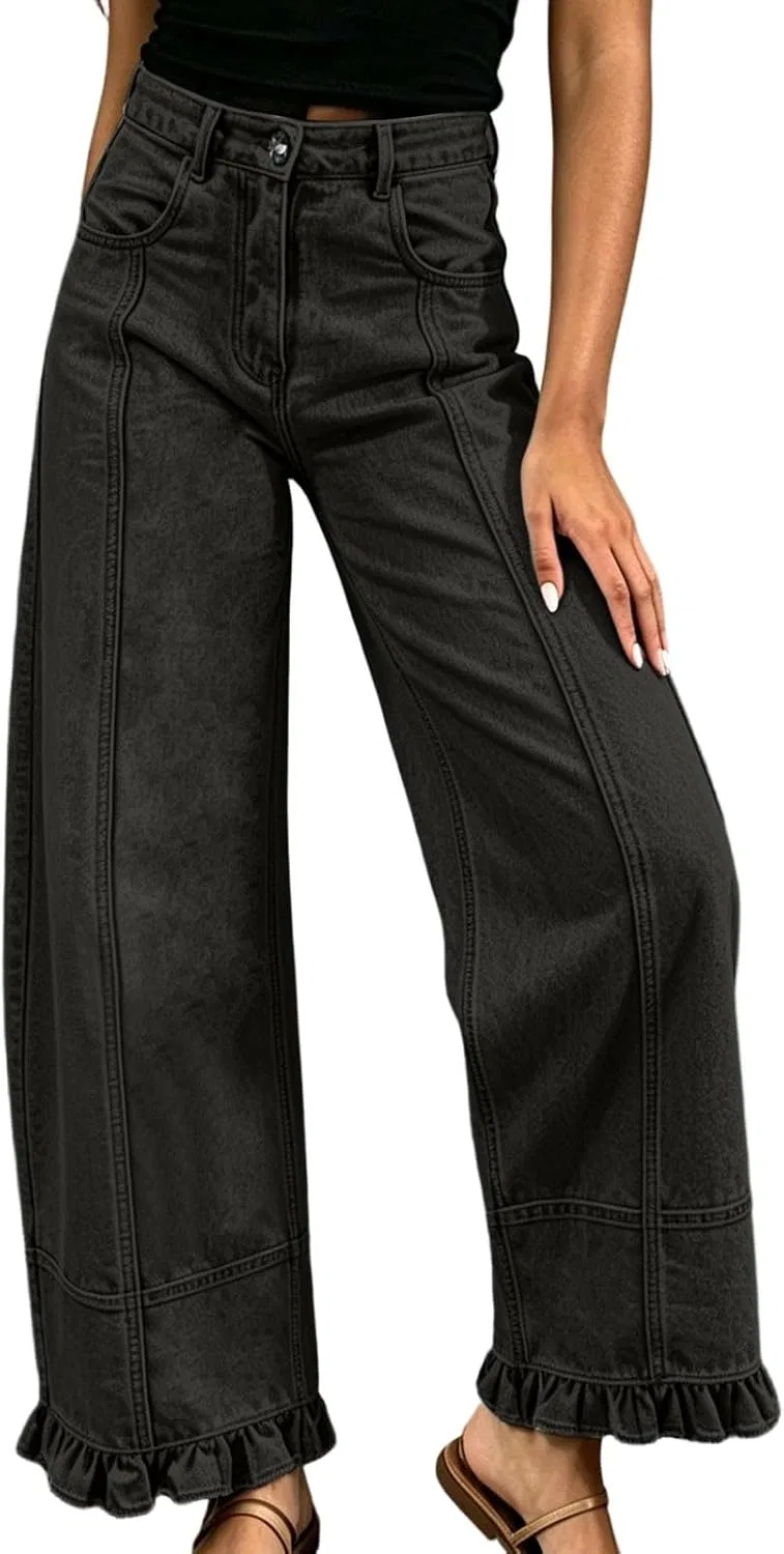 Джинсы wide leg рюши, Barrel, черный