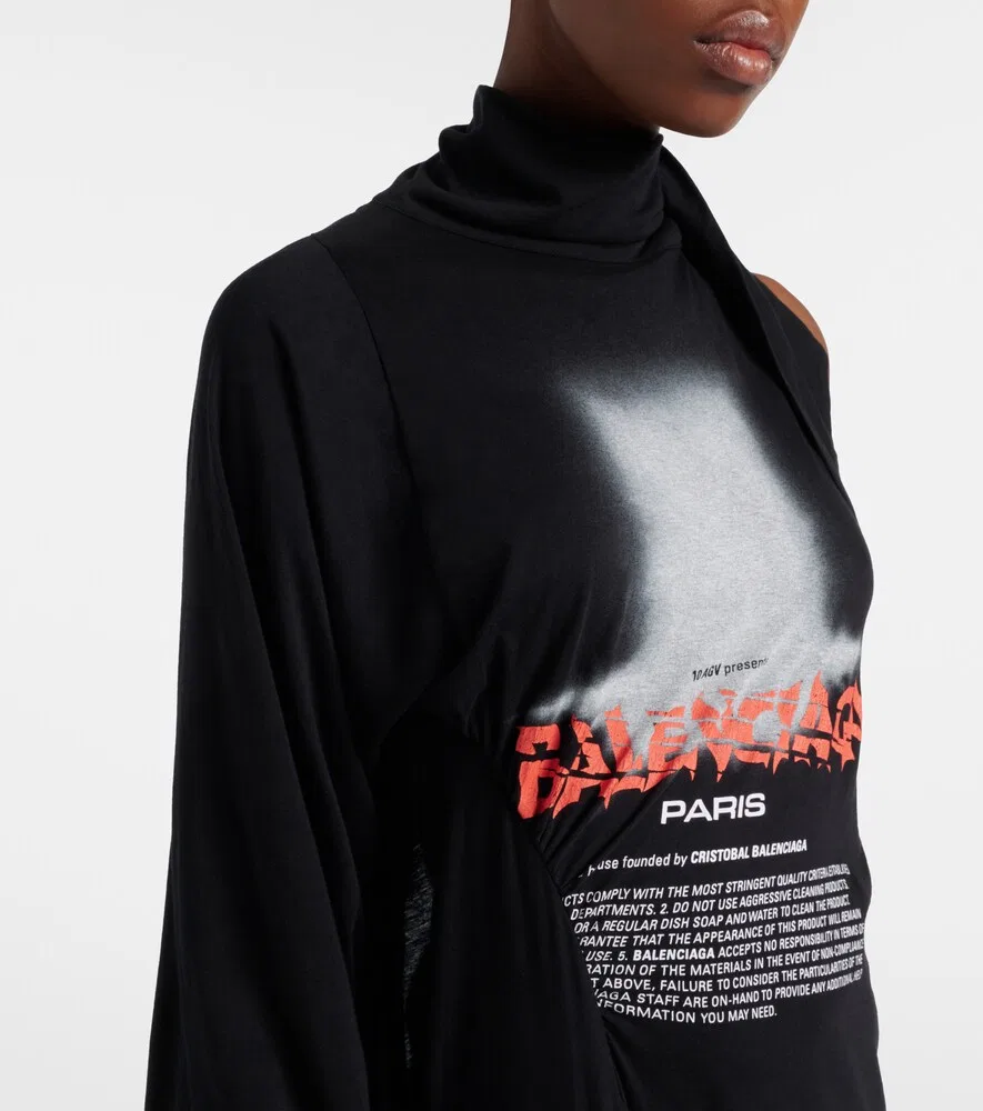 Макси-платье из хлопкового трикотажа с накидкой и логотипом Balenciaga, черный — фото 3
