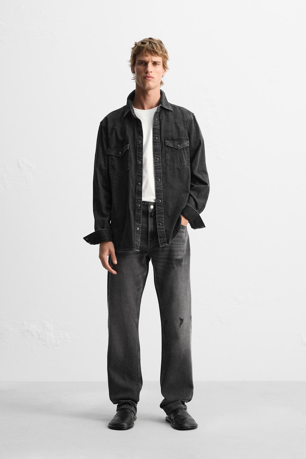 

Рваные джинсы прямого покроя ZARA, черный