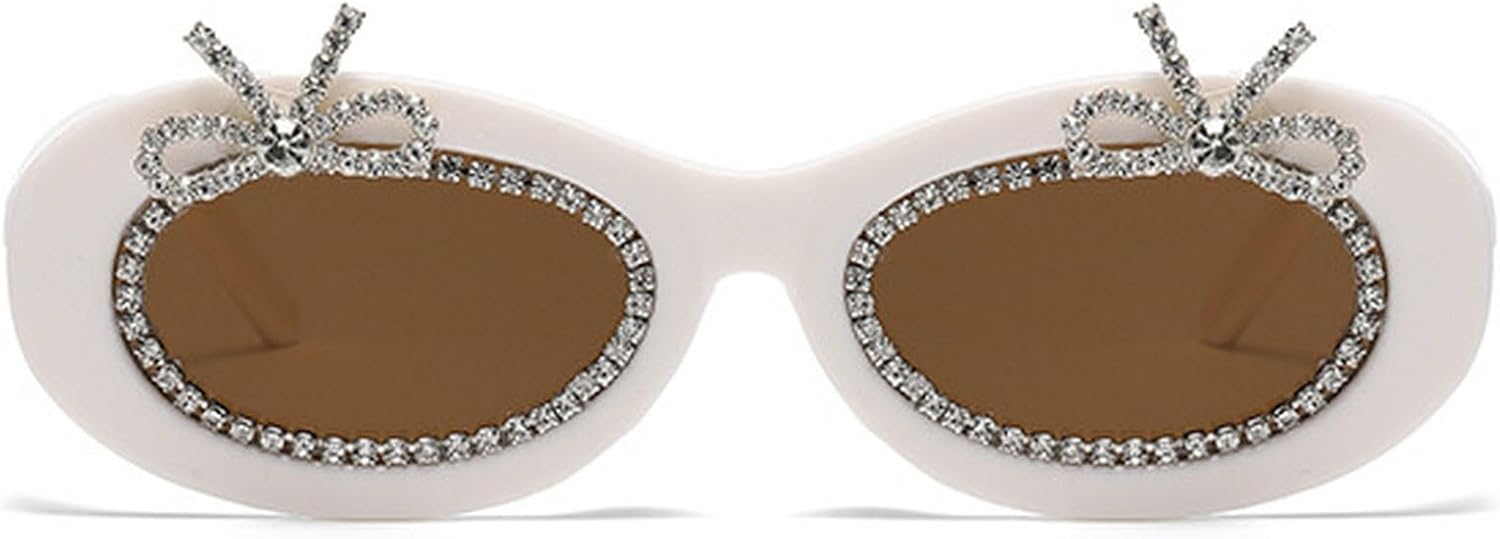

Овальные солнцезащитные очки с бриллиантовым бантом, женские блестящие очки для фотосессий, солнцезащитные очки со стразами для женщин, защита от ультрафиолета UV400 mincl, White Brown