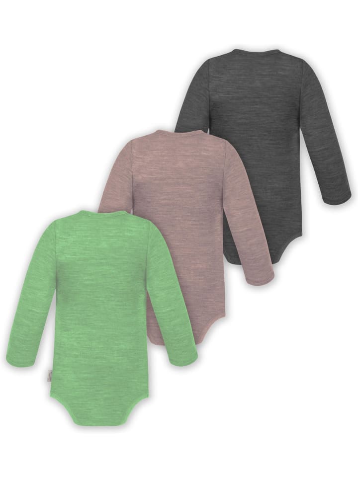 Normani Outdoor Sports Набор из 3 детских боди с длинными рукавами из мериносовой шерсти, антрацитового/розового/зеленого цвета — фото 2