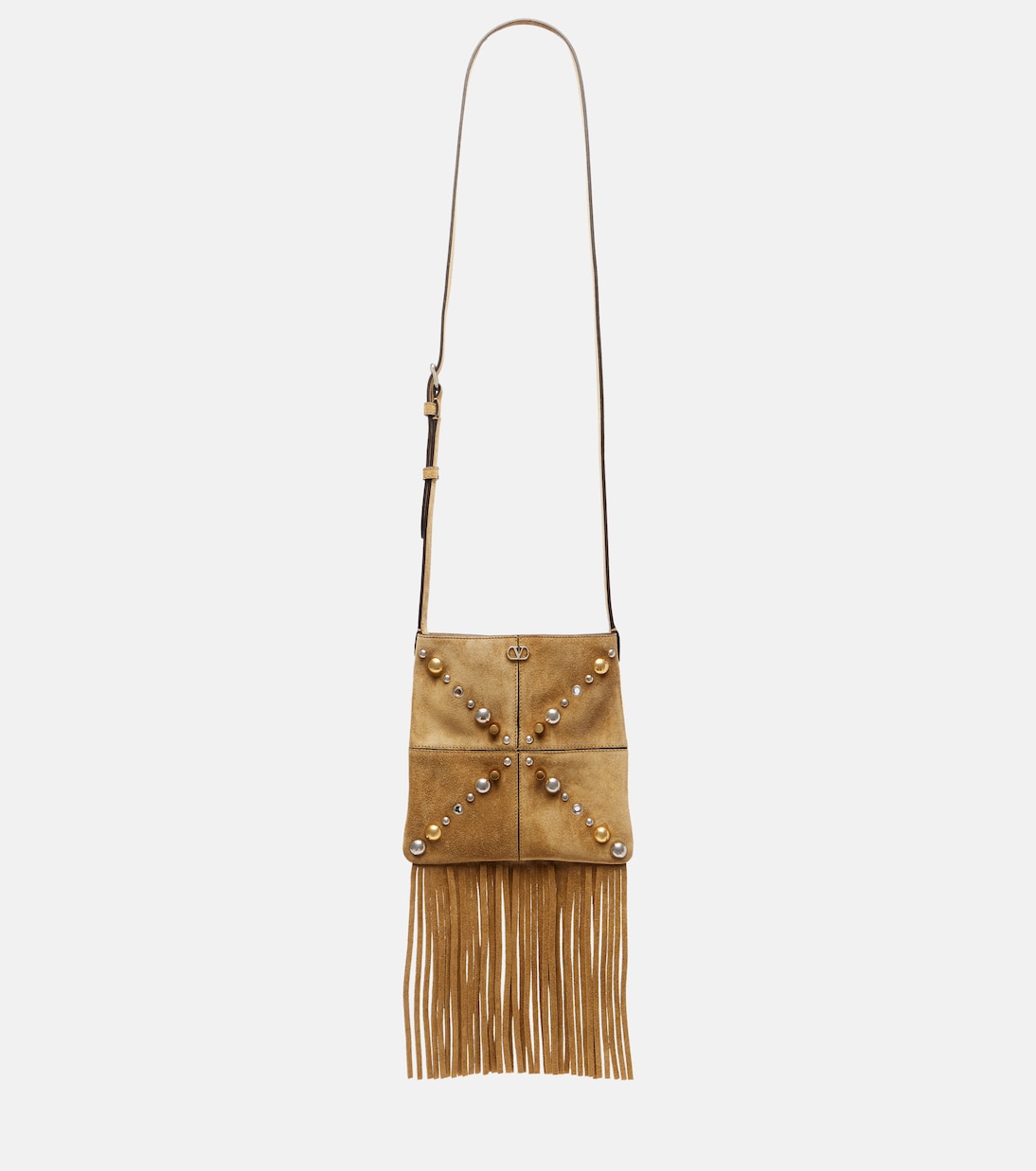 

Нелькот маленькая бахромами сумка через плечо из замши Valentino Garavani, Havana Beige