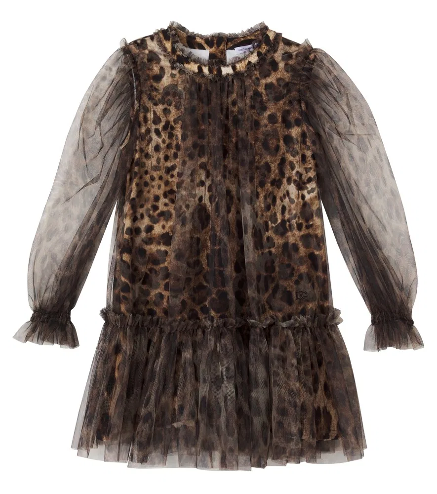 Платье из тюля с леопардовым принтом и оборками Dolce&Gabbana Kids, коричневый