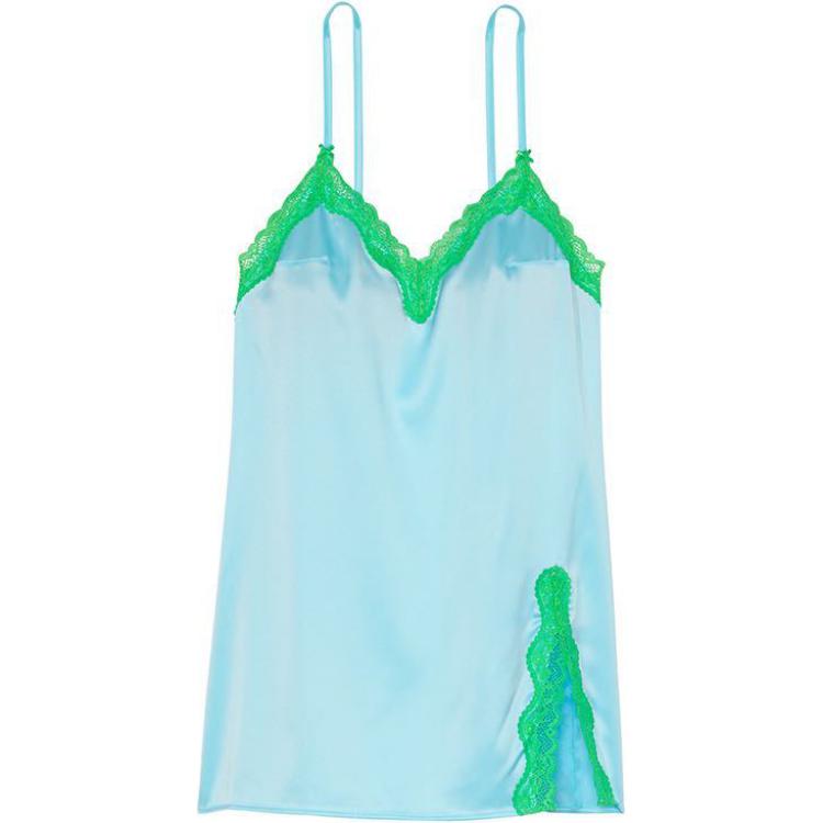 

Соблазнительная атласная ночная сорочка мини с кружевной отделкой Victoria's Secret, цвет озерная зелень, прохладный синий/озерная зелень