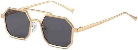 

Солнцезащитные очки в стиле ретро 2027 с двойными перемычками и многоугольными металлическими линзами для женщин, защита от УФ-излучения UV400 для мужчин MTZJH, Golden Grey