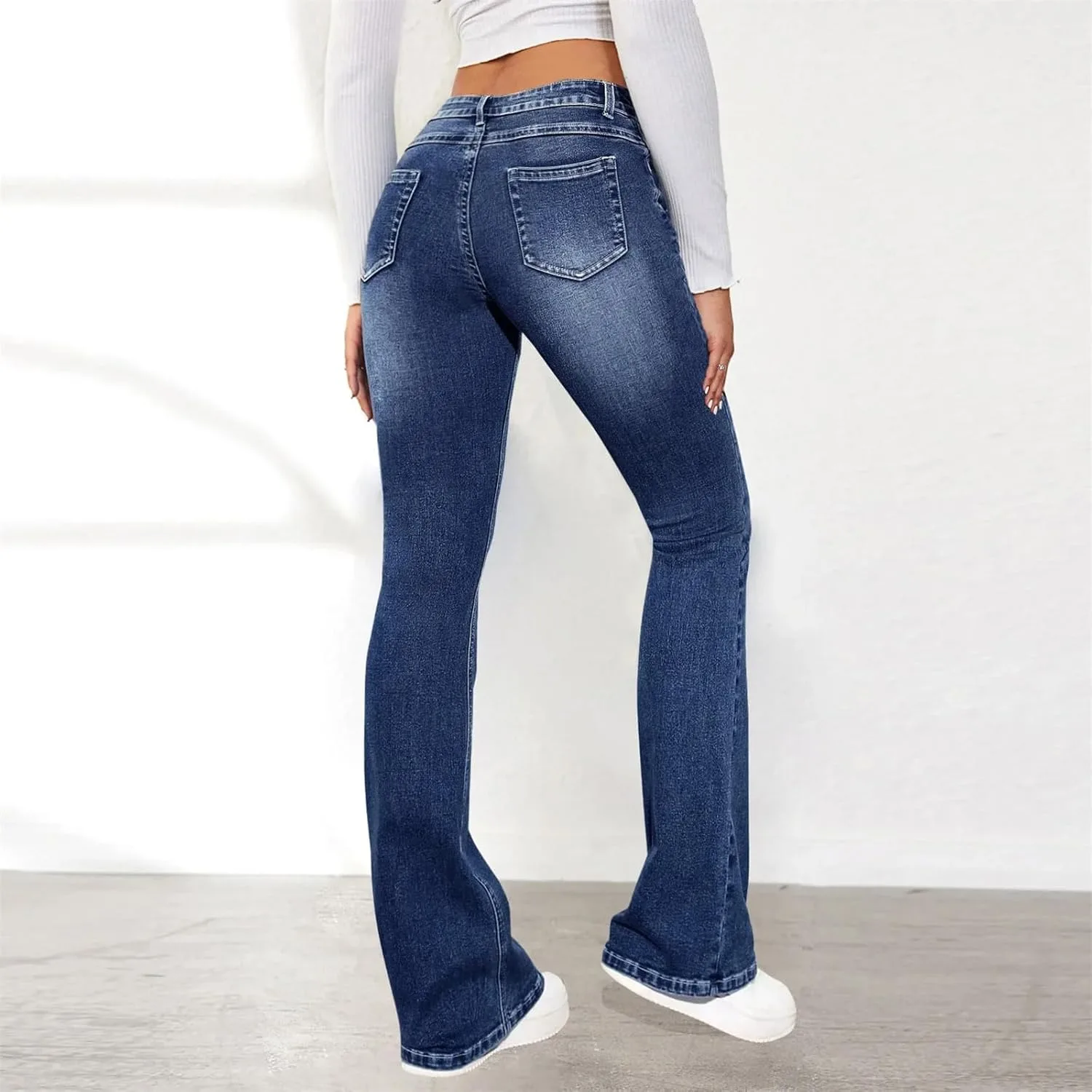 Женские джинсы slim fit расклешенные с высокой посадкой однотонные укороченные брюки boot cut в стиле стритвир Generic, синий — фото 4
