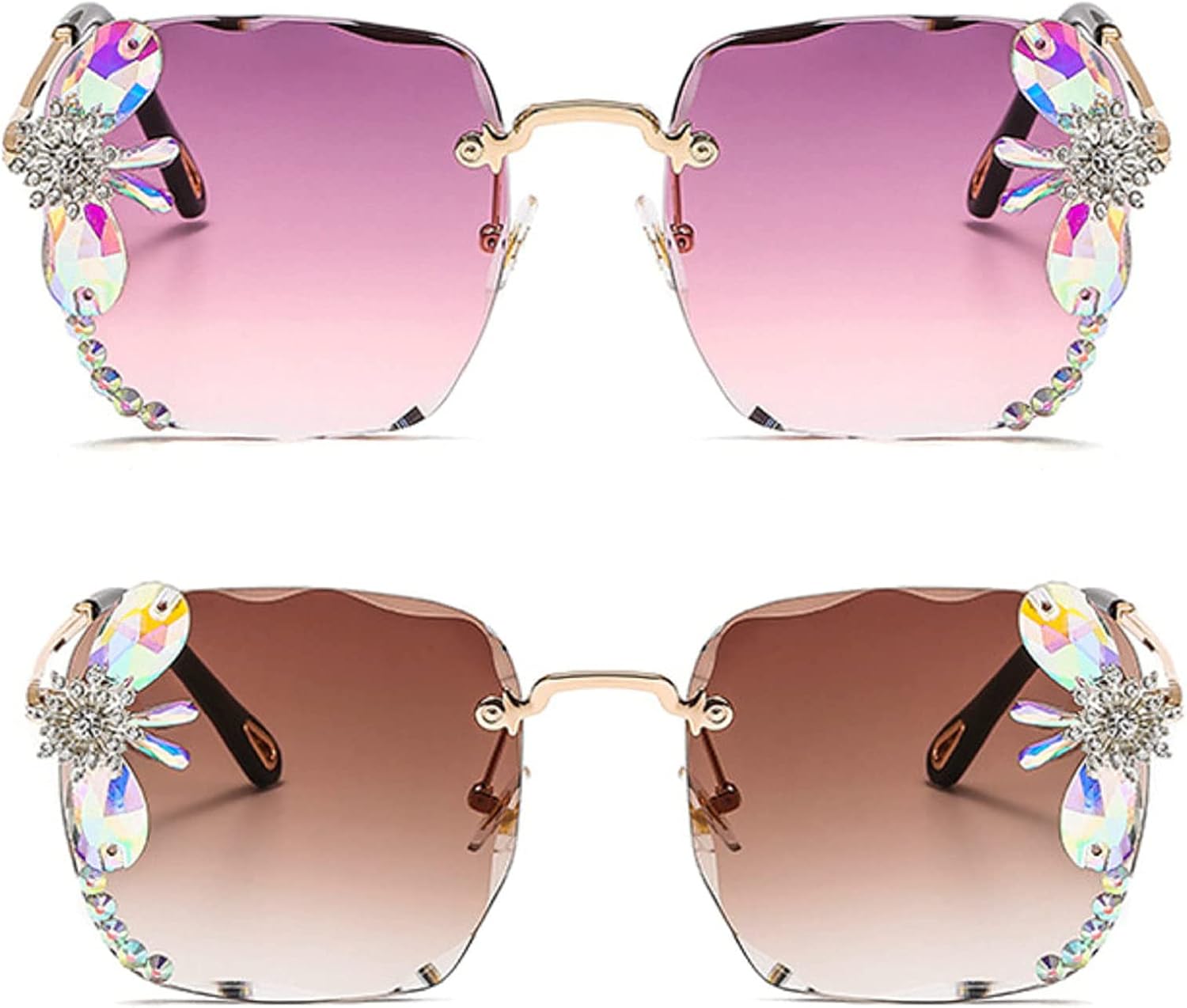 

Роскошные солнцезащитные очки без оправы квадратной формы со стразами, большие бриллиантовые солнцезащитные очки, розовые оттенки, модные очки для женщин mincl, 2pcs-purple&brown