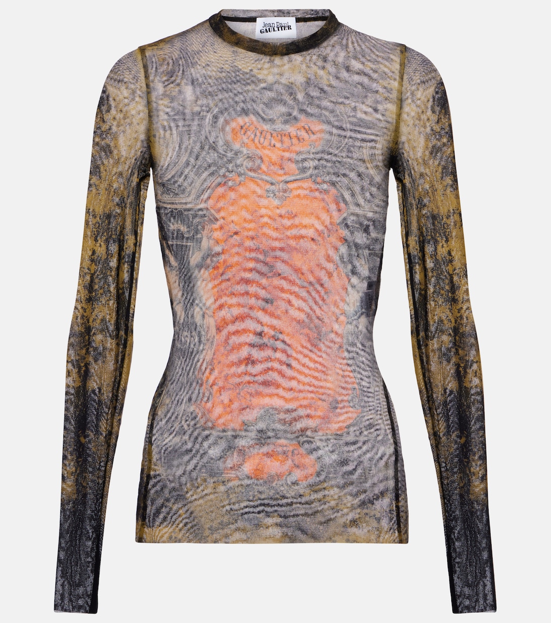 

Майка с медальонным принтом из сетки Jean Paul Gaultier, Black/Khaki/Orange