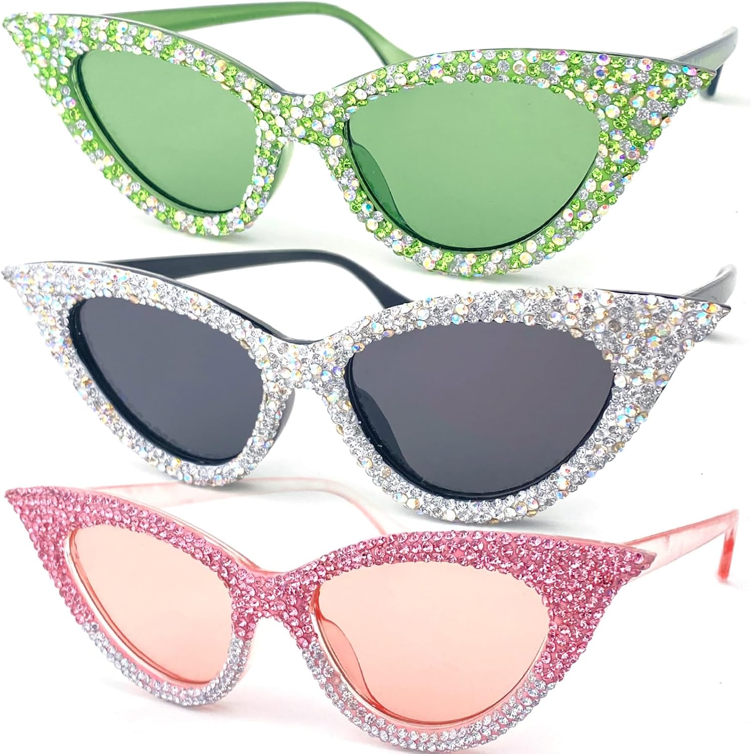 

Модные солнцезащитные очки «кошачий глаз» с бриллиантами, в стиле ретро, ​​украшенные стразами, сверкающие кристаллами, роскошные очки с блестками mincl, 3pcs-white&pink&green