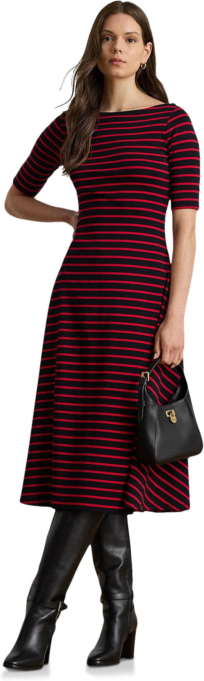 

Женское полосатое платье миди из эластичного хлопка Lauren Ralph Lauren, Black/Ralph Red