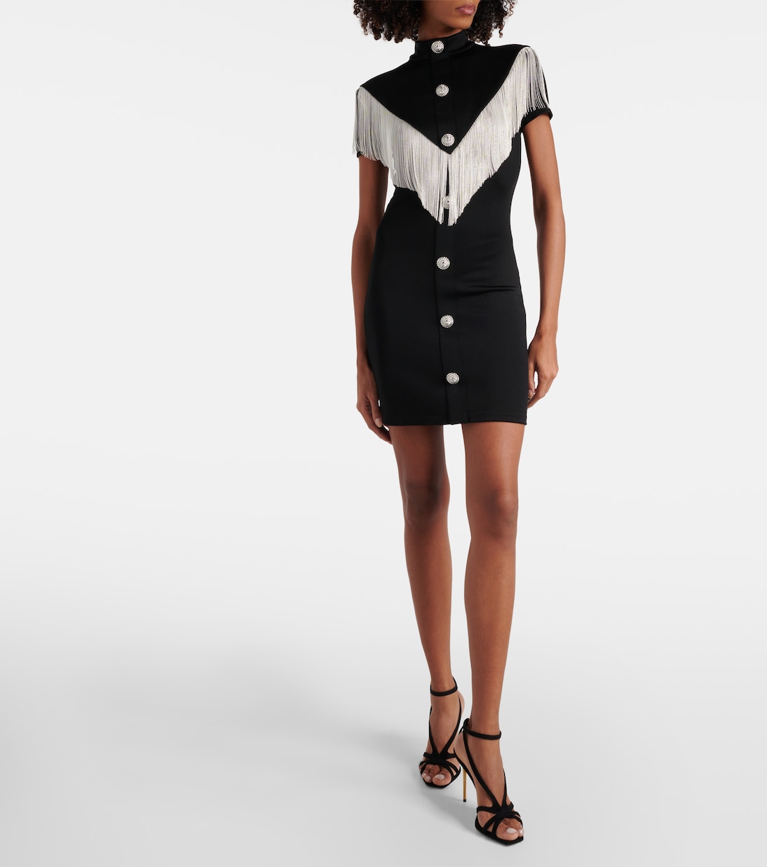 Мини-платье из джерси с декоративным бахромой Balmain, Noir/Argent — фото 2