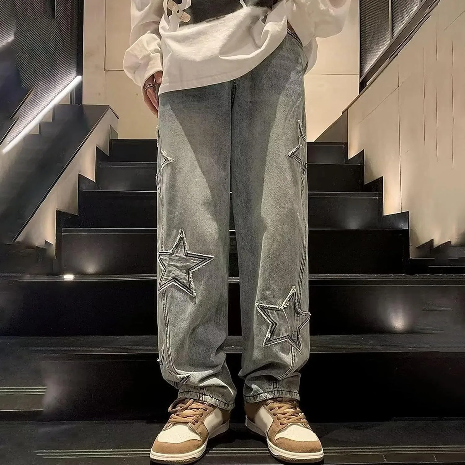 Джинсы свободные Baggy с принтом звезд, синий — фото 3