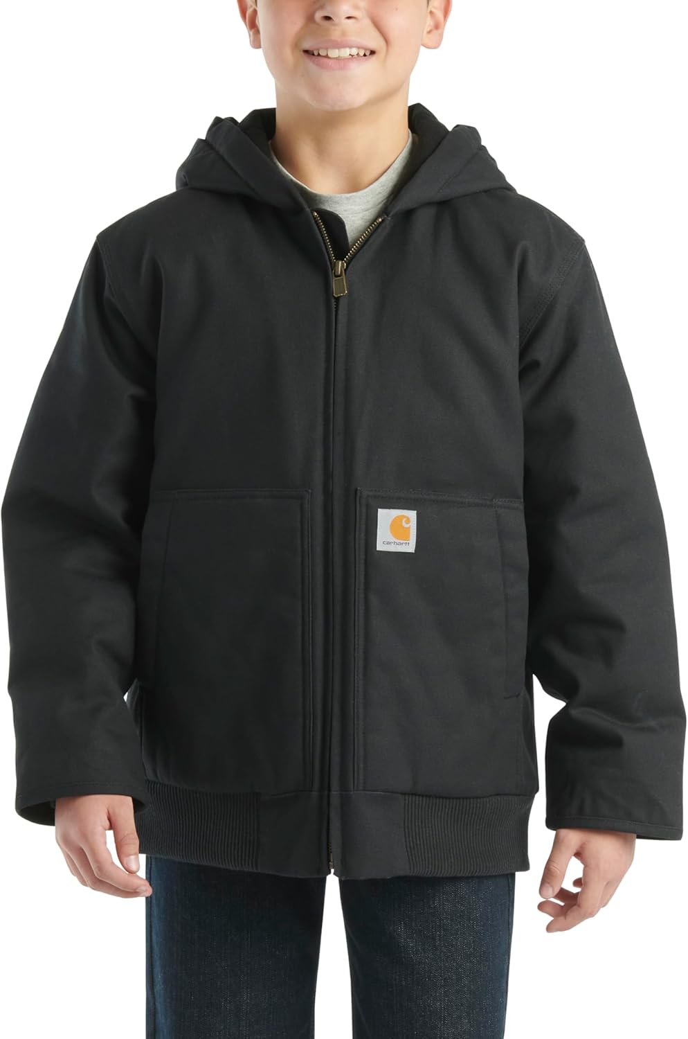 Carhartt Boys' Flannel-Lined Hooded Canvas Insulated Zip-Up Jacket, Caviar Black — фото 2