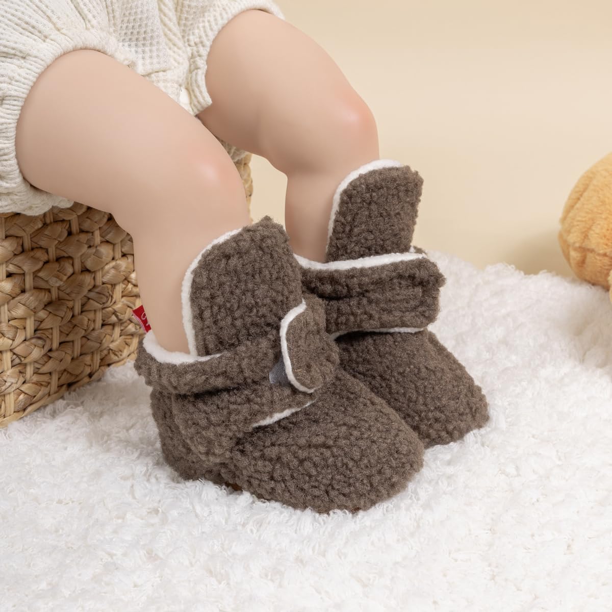 HsdsBebe Унисекс Новорожденные Детские Хлопковые Пинетки с Нескользящей Подошвой для Малышей Мальчиков и Девочек Зимние Теплые Флисовые Носочки-Обувь, 2210/Grayish Brown-Rubber Sole — фото 2