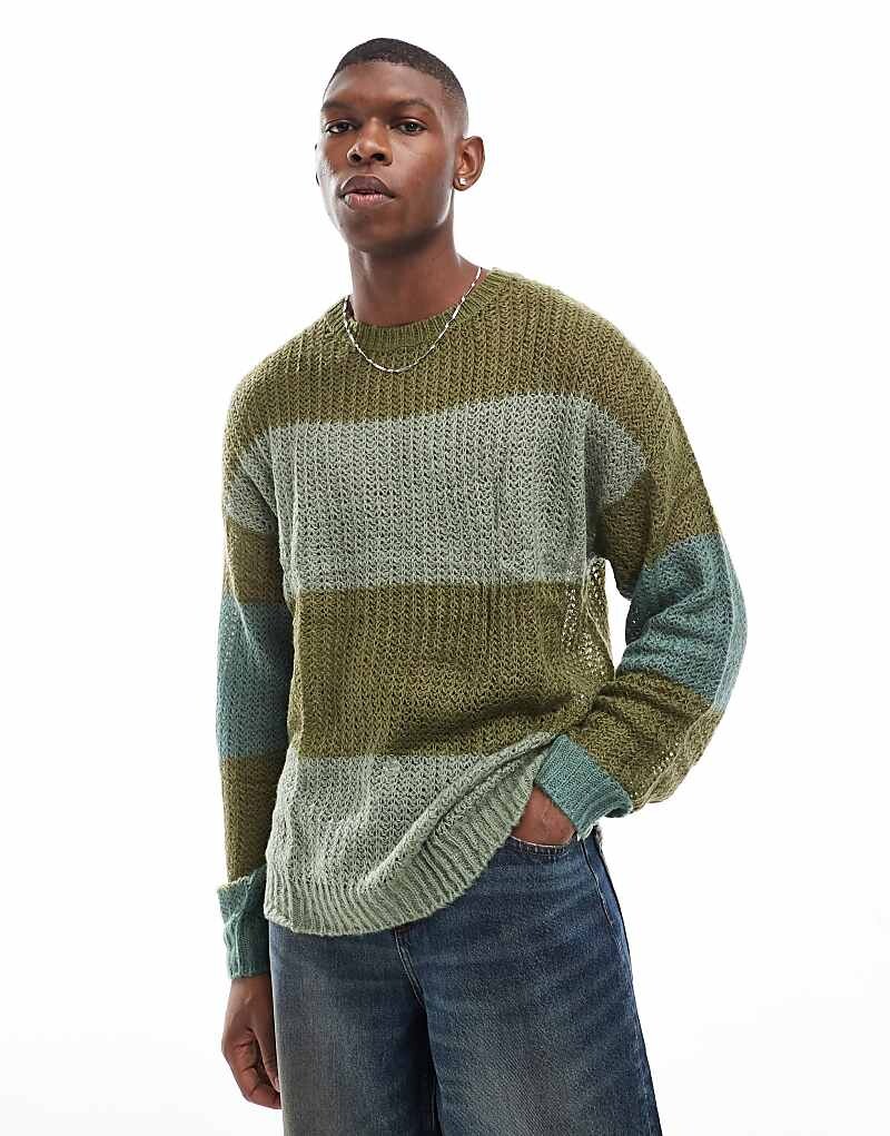 

Свободный вязаный свитер в полоску цвета хаки ASOS DESIGN