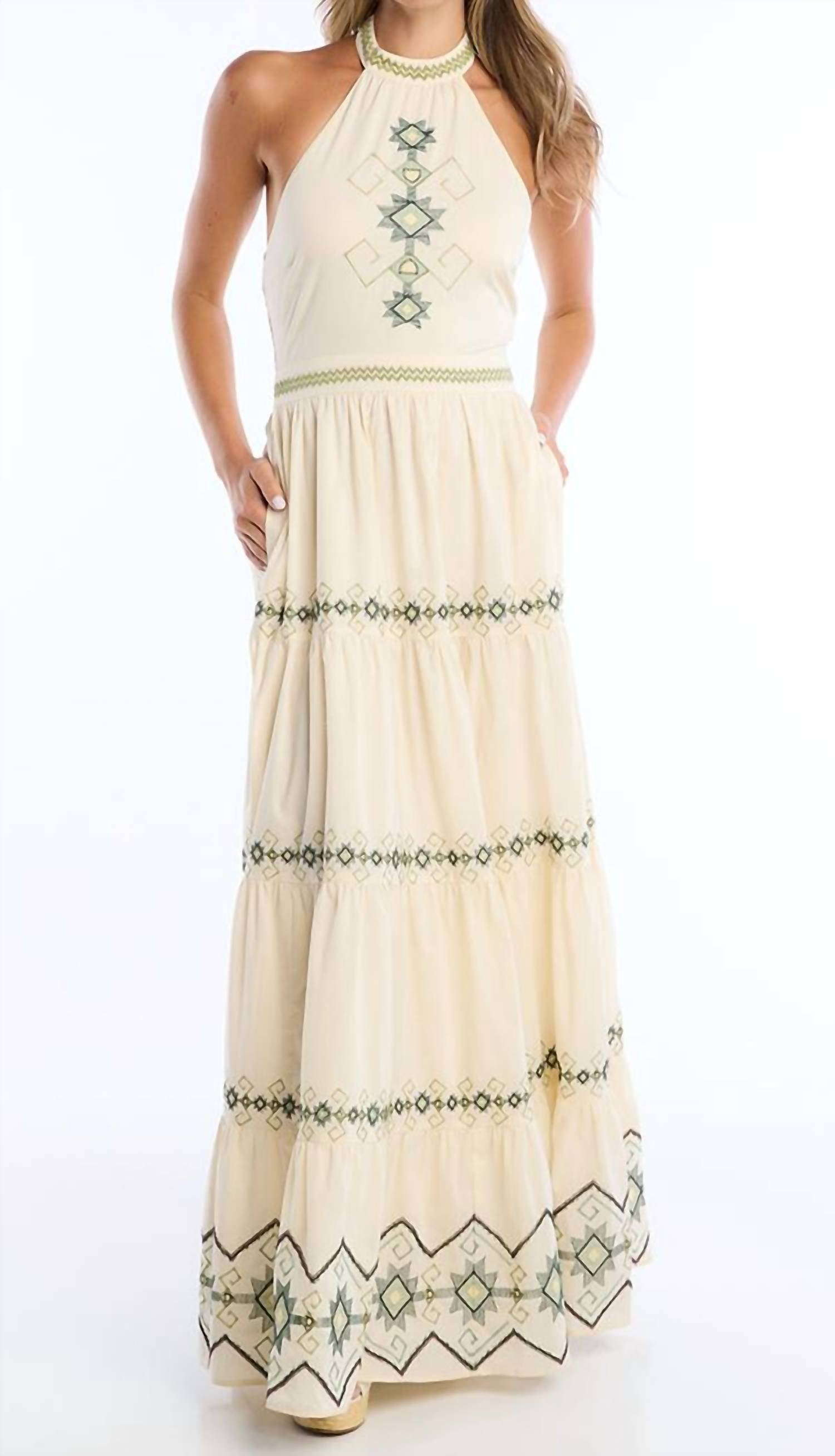 

Вышитое платье-макси Miley Halter цвета экрю ALLISON NEW YORK, цвет ecru