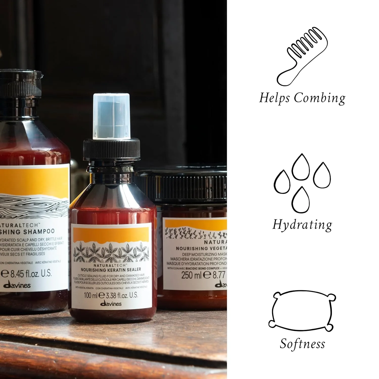 Davines Naturaltech Nourishing Keratin Sealer, восстанавливающий и увлажняющий уход для сухих и поврежденных волос с растительным кератином, 100 мл — фото 3