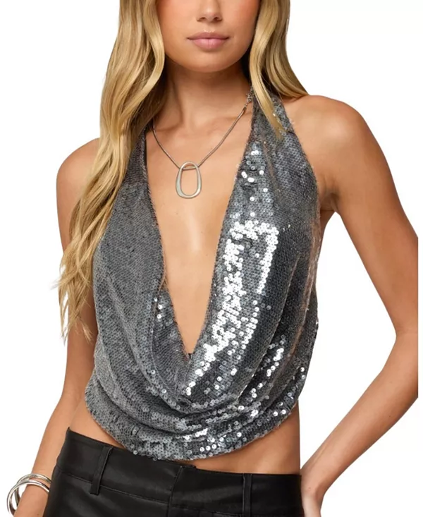 

Топ с открытой спиной и воротником-халтером, расшитый пайетками Edikted, серебряный