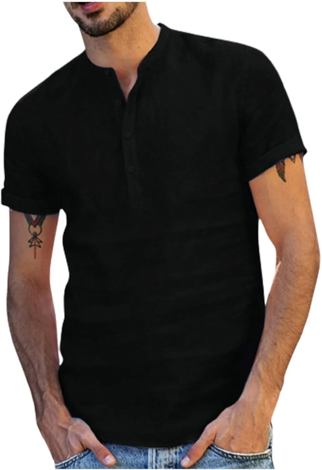 

Мужская хлопковая льняная рубашка с коротким рукавом и V-образным вырезом