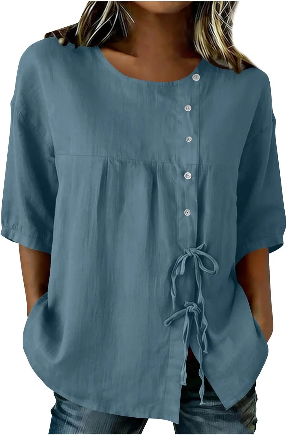 Женская блуза с завязкой бантом, Cotton Linen, 3/4 рукав, Navy