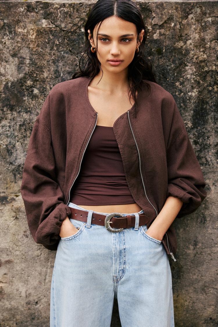 

Куртка-Бомбер из льняной смеси Pull And Bear, коричневый