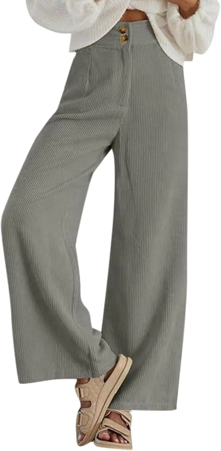 Кордюровые брюки Women Casual с высокой посадкой, на двух пуговицах, эластичные, свободные, модные широкие брюки для осенних образов Generic, серый