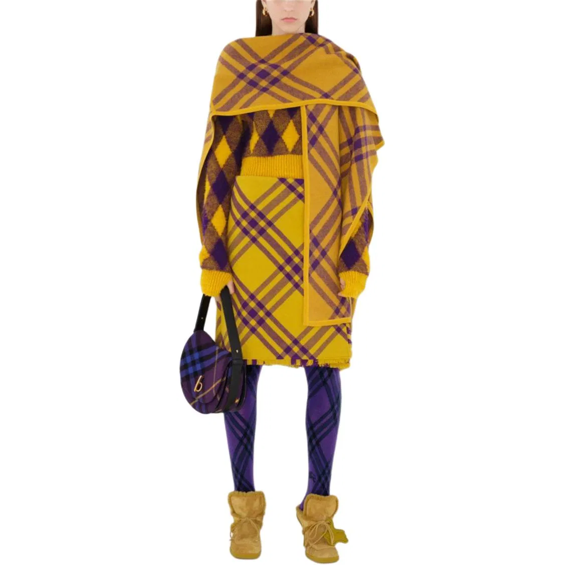 Пальто-накидка Burberry Check Wool, женское, желтое — фото 3