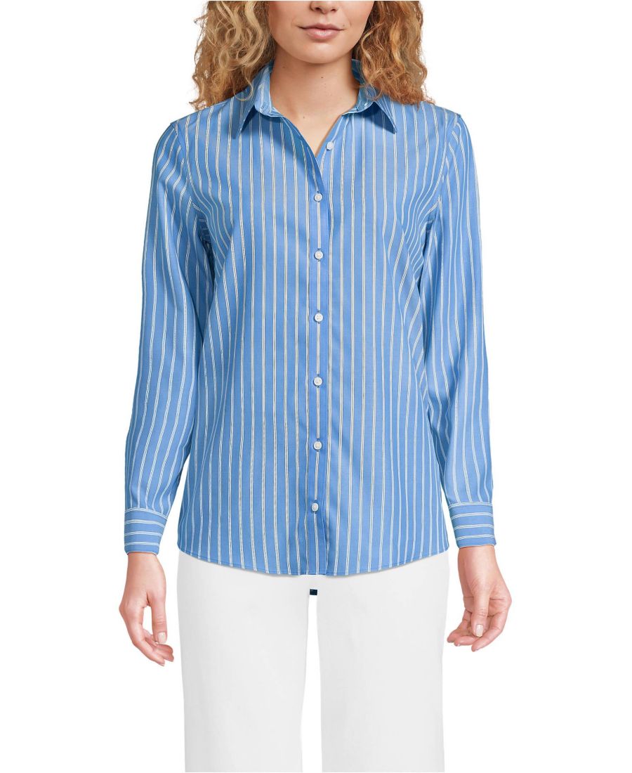 

Женская рубашка без глажки на пуговицах спереди Lands' End, Muted cobalt crisp stripe