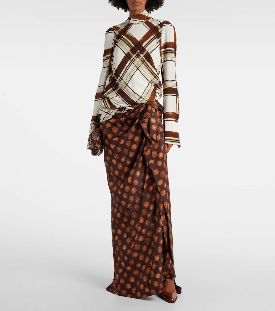 Юбка макси из шелкового атласа в горошек со сборками Dries Van Noten, коричневый — фото 2
