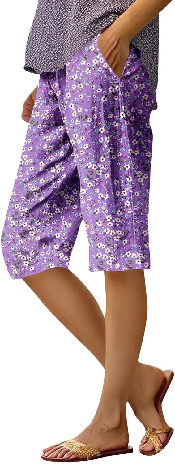 Бермуды женские, cotton linen, фиолетовые