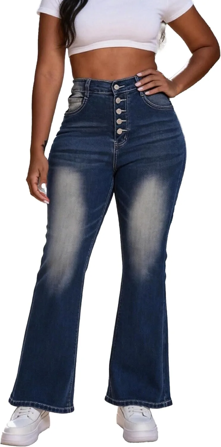 

Женские джинсы с высокой посадкой, эластичные расклешенные, винтажный стирка деним, на пуговицах и с эластичным поясом JsGilsMsin