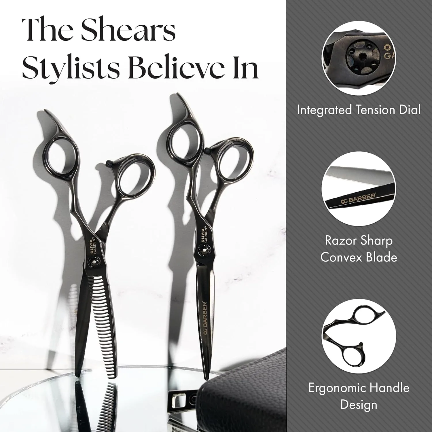 Набор для начинающих парикмахеров Olivia Garden Barber Shears Intro Kit включает профессиональные ножницы для стрижки волос, филировочную машинку, футляр и аксессуары. 15,9 см — фото 4