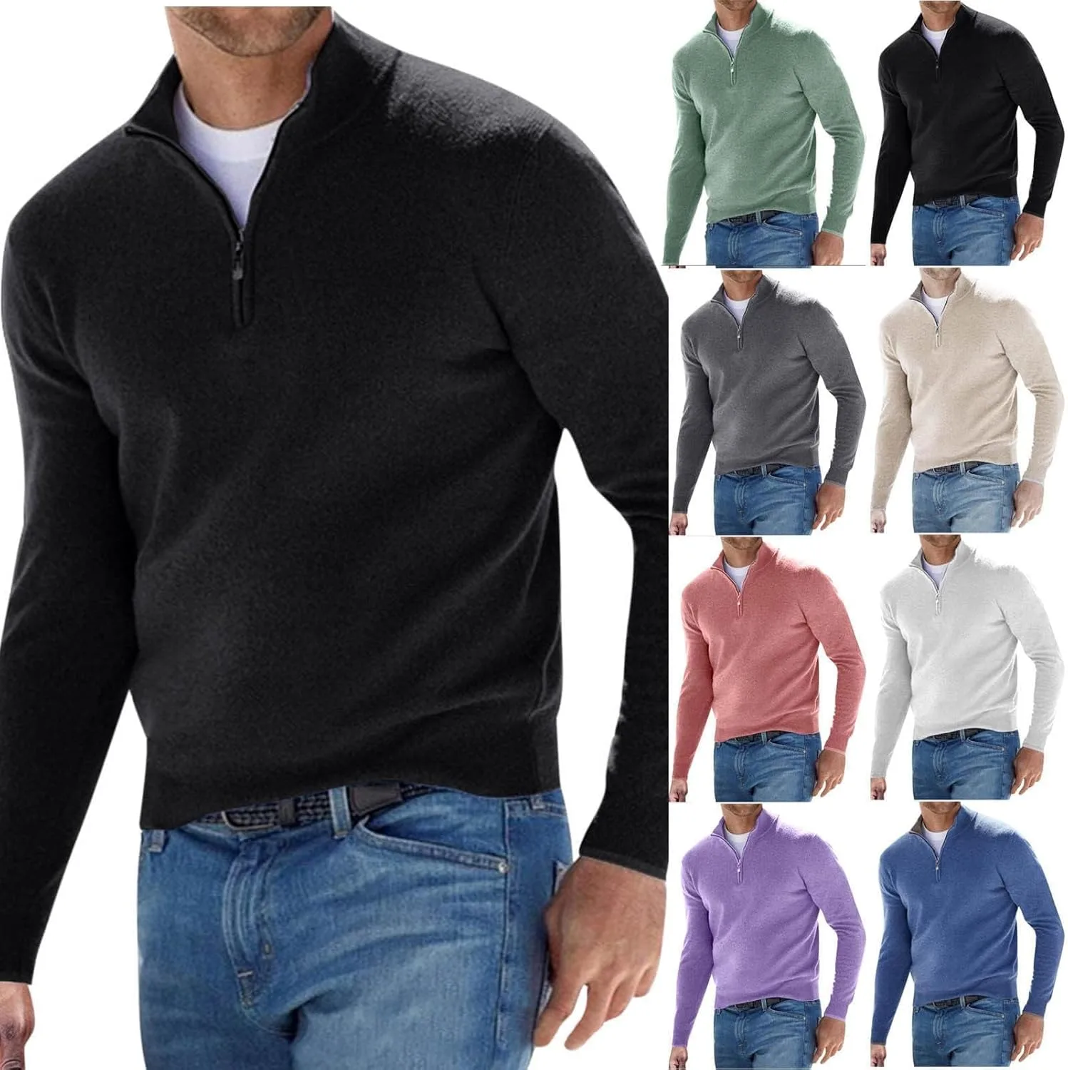 Мужской пуловер с четвертью молнии, Slim-fit легкий вязаный свитер — фото 2