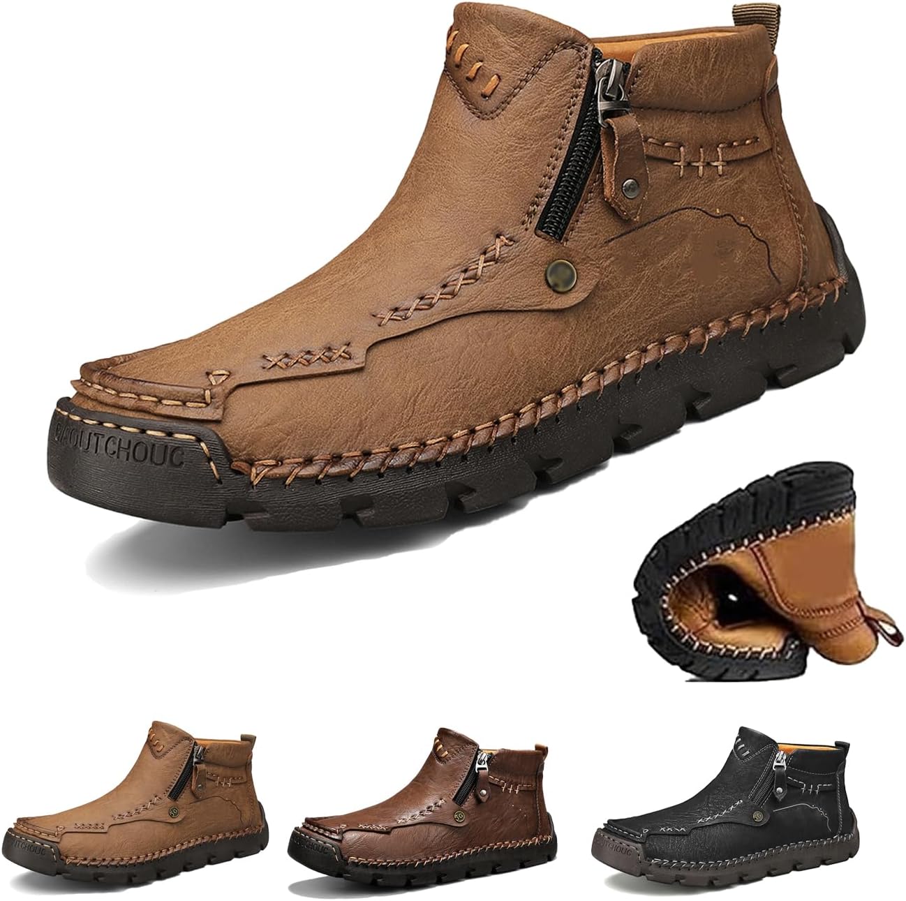 

Мужские кожаные ботинки ручной работы, мотоциклетные ботинки из искусственной кожи, мужские повседневные кожаные туфли, широкий носок, водонепроницаемые, противоскользящие Generic, хаки