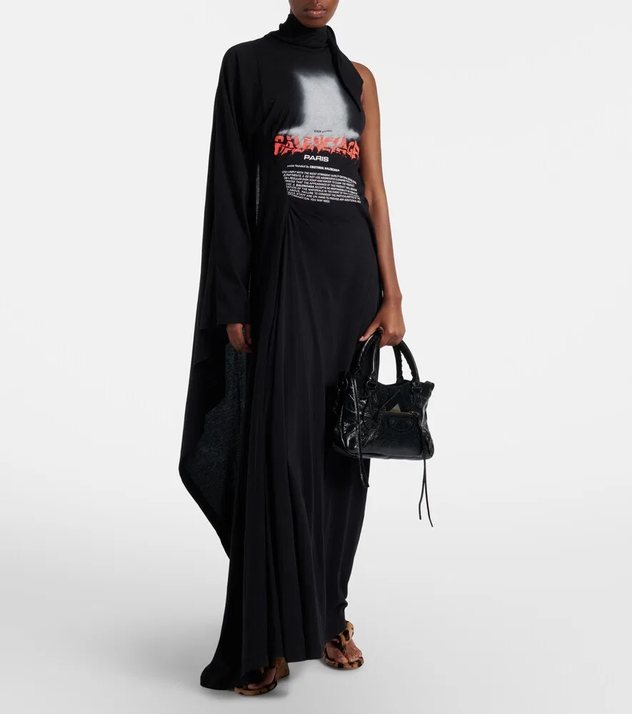 Макси-платье из хлопкового трикотажа с накидкой и логотипом Balenciaga, черный — фото 2